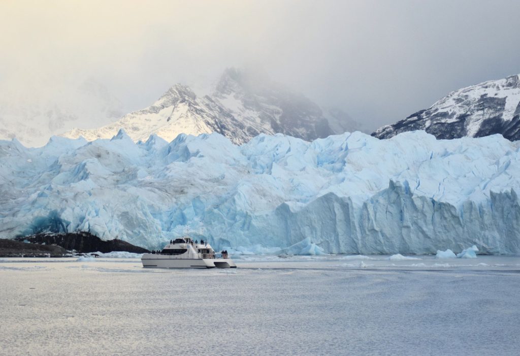 A boat in front of the Perito Moreno Glacier in Argentina